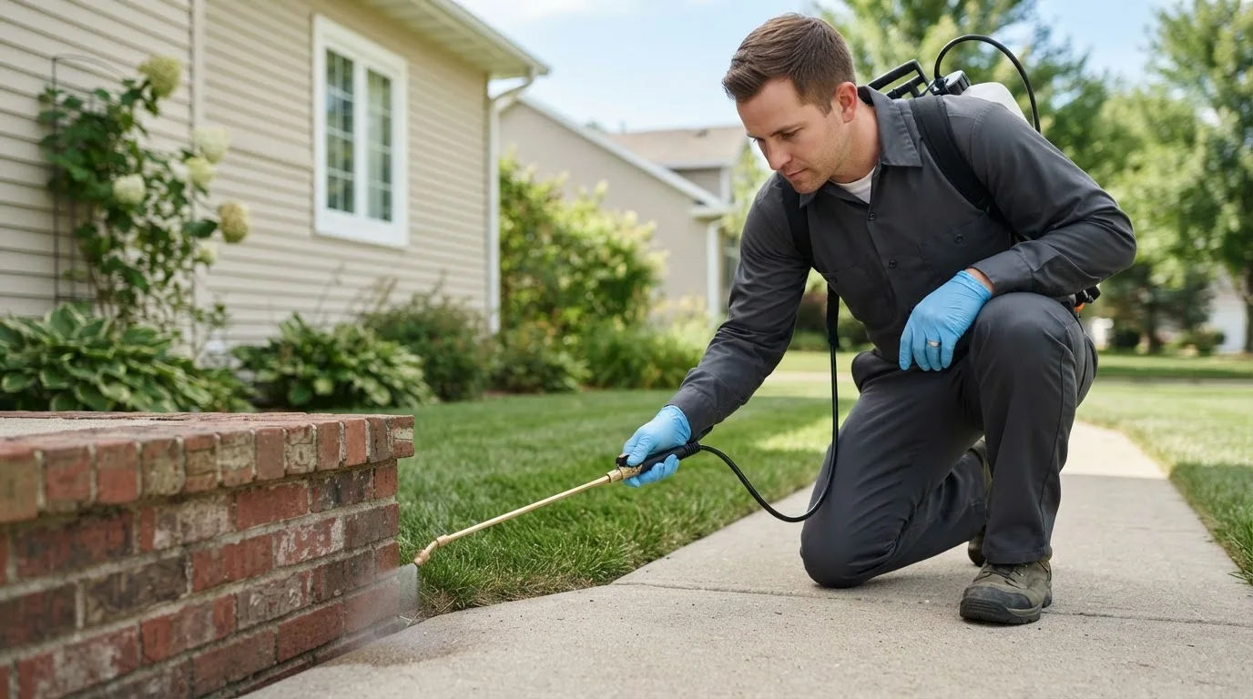 Pest control technician treating a home near Mt Zion, IL